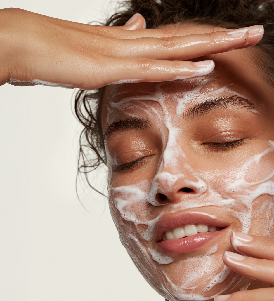 A woman applying a gentle cleanser in her skincare routine focusing on face care for dry sensitive skin