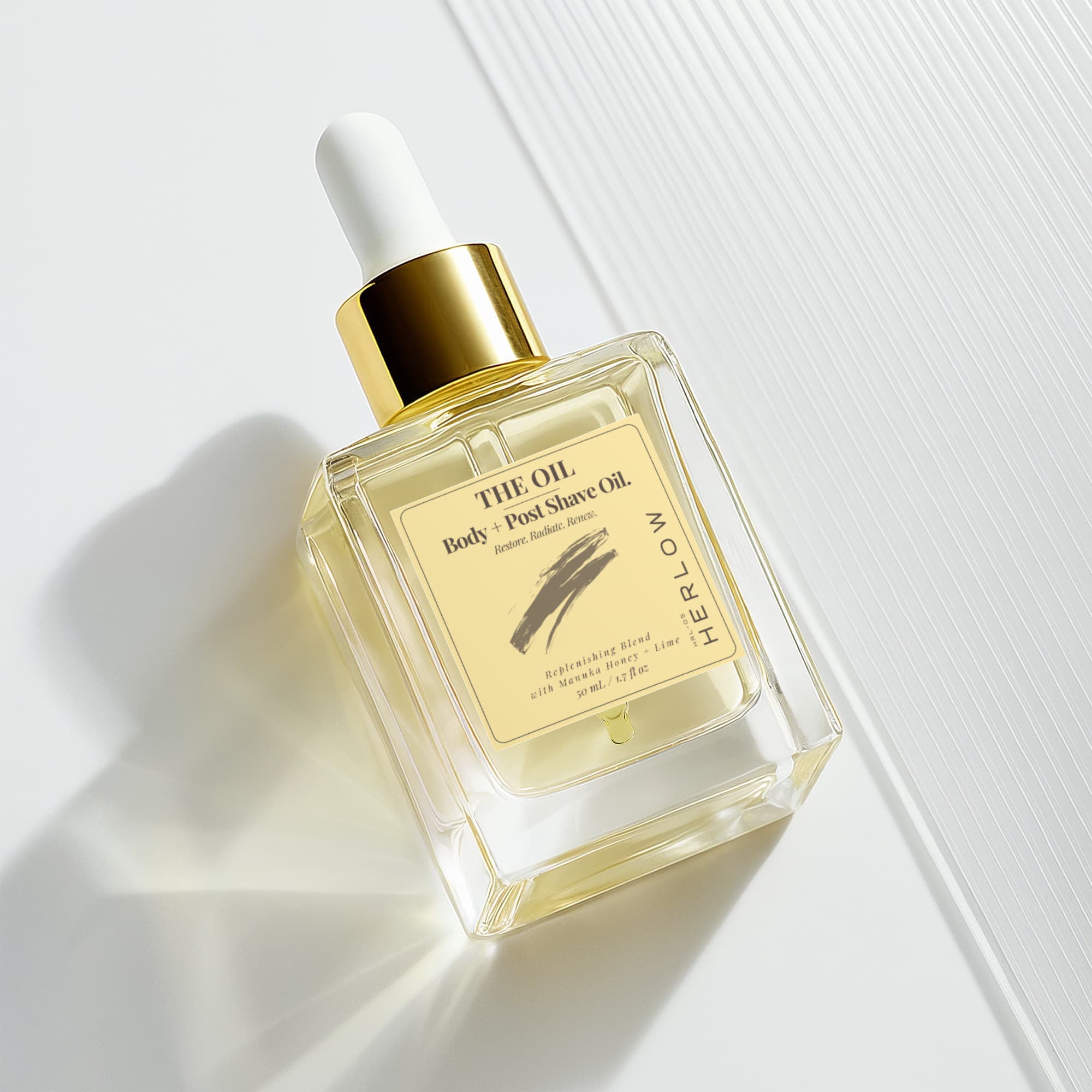 HERLOW Body and Post Shave Oil for Women in a sleek glass bottle with a dropper lid