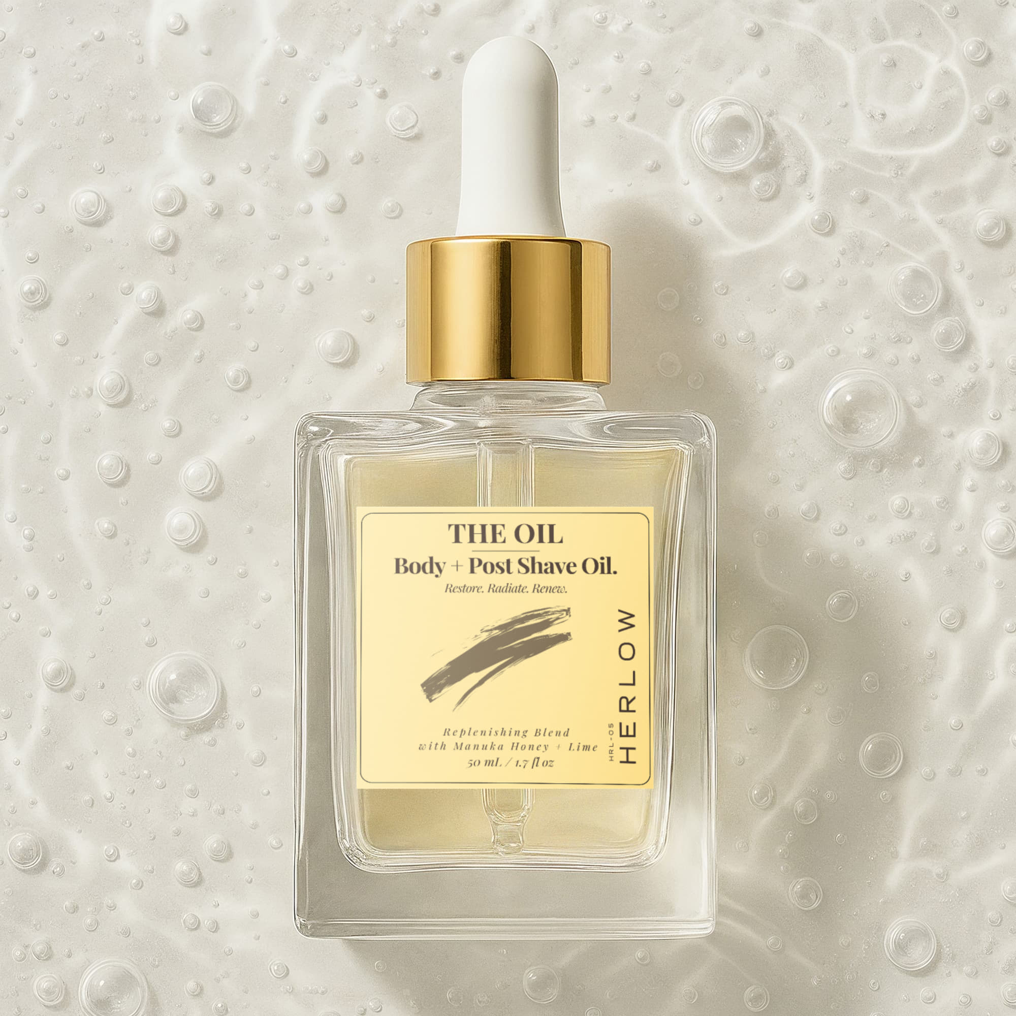 HERLOW Body and Post Shave Oil for Women in a clear bottle with dropper, ideal for hydration and soothing skin.