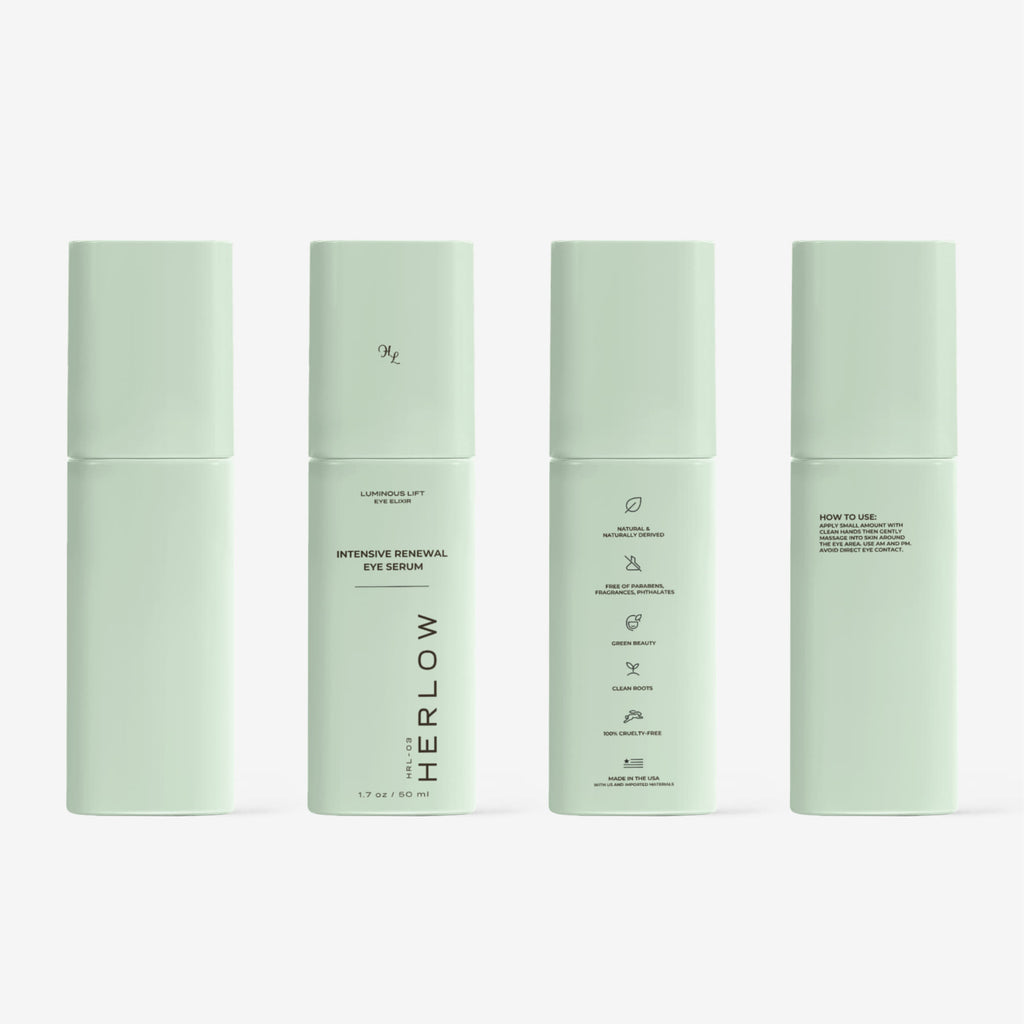 HERLOW brightening eye serum for women in sleek green packaging with detailed label instructions