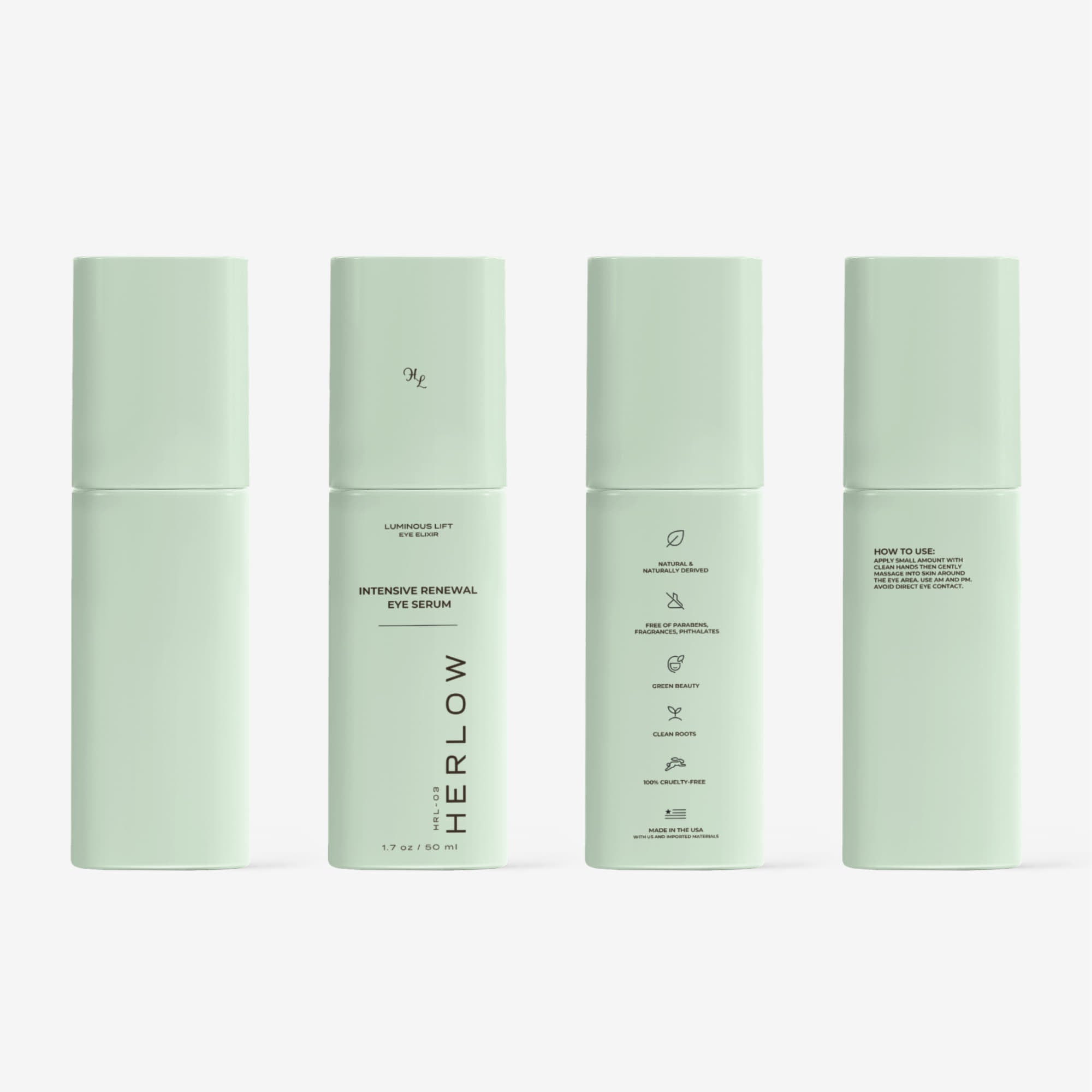 HERLOW brightening eye serum for women in sleek green packaging with detailed label instructions