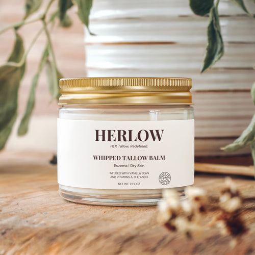 HERLOW whipped tallow balm in glass jar with gold lid for dry skin and eczema relief