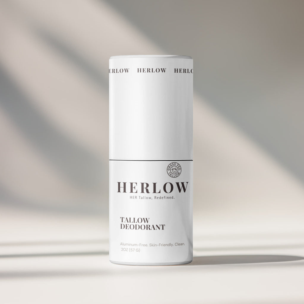 grass-fed tallow deodorant in a sleek white container for natural odor protection