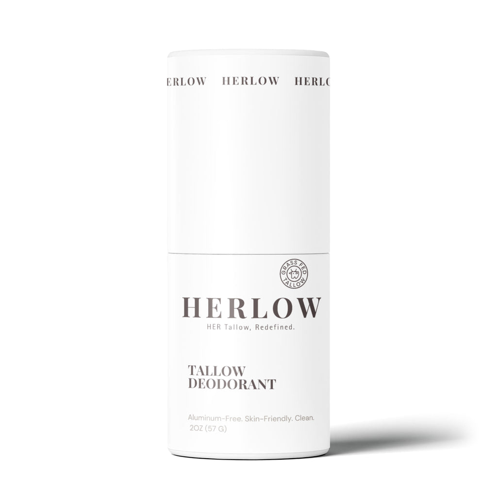 grass-fed tallow deodorant in a sleek white container, aluminum-free and skin-friendly