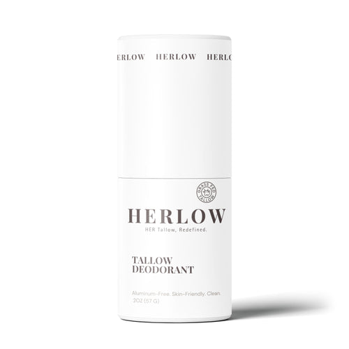 grass-fed tallow deodorant in a sleek white container, aluminum-free and skin-friendly