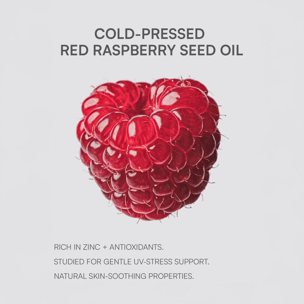 Cold-pressed red raspberry seed oil featured in hydrating sun balm for face