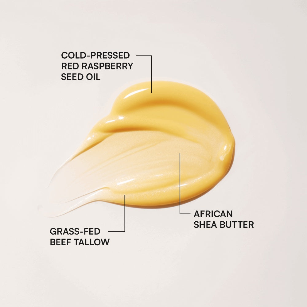 Texture of Hydrating Sun Balm for Face showcasing cold-pressed red raspberry seed oil and African shea butter
