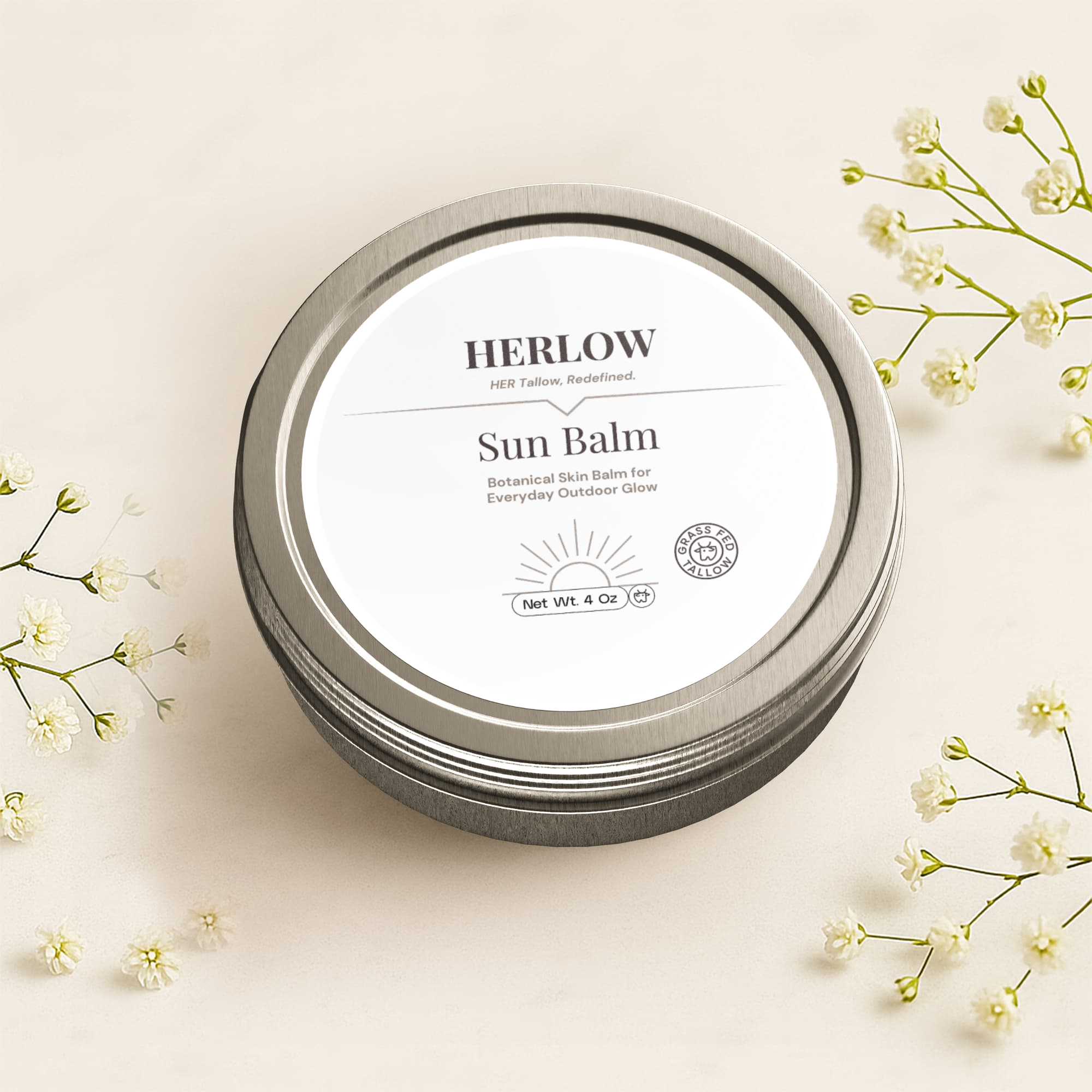 hydrating sun balm for face in a sleek silver tin with floral accents around it