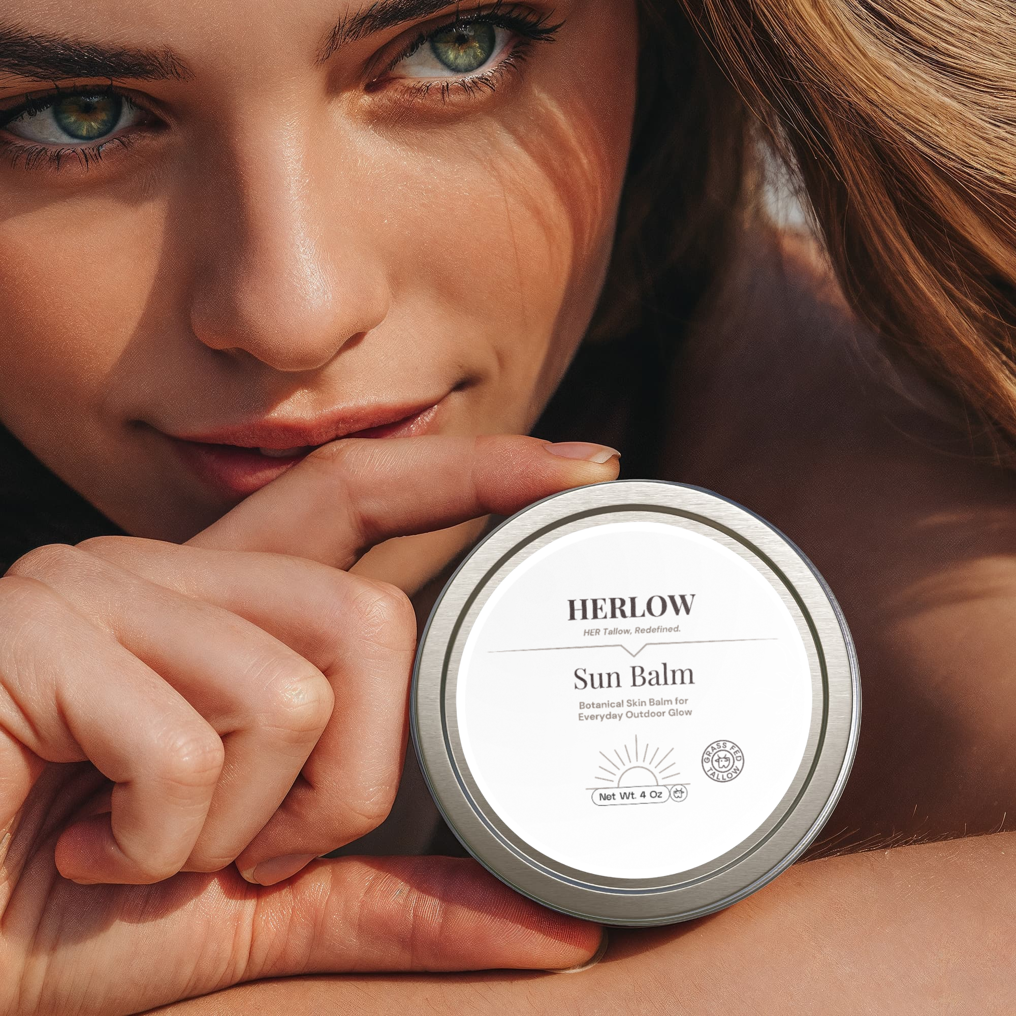 HERLOW Sun Balm, a hydrating sun balm for face in a silver tin with a natural background