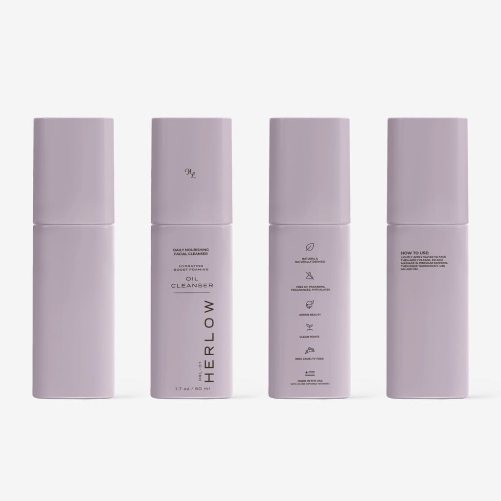 HERLOW Milky Oil Foaming Cleanser Bottle with Instructions and Benefits Displayed