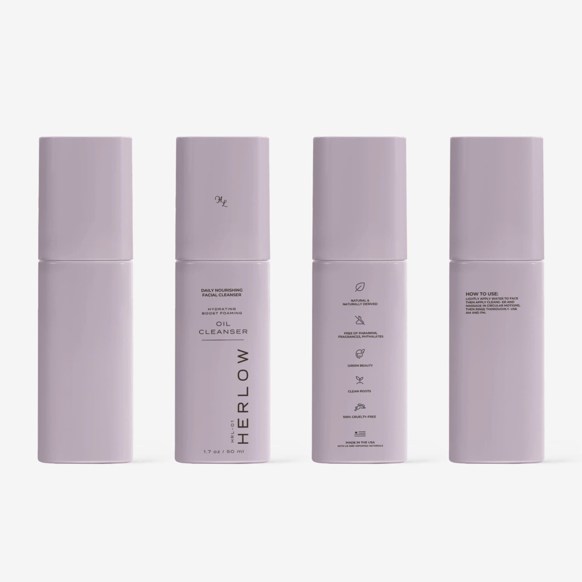 HERLOW Milky Oil Foaming Cleanser Bottle with Instructions and Benefits Displayed