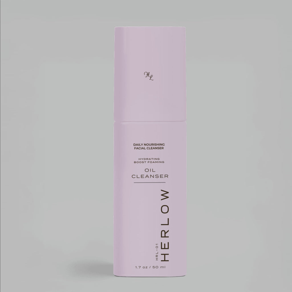 HERLOW milky oil foaming cleanser in sleek pink packaging for daily skin nourishment