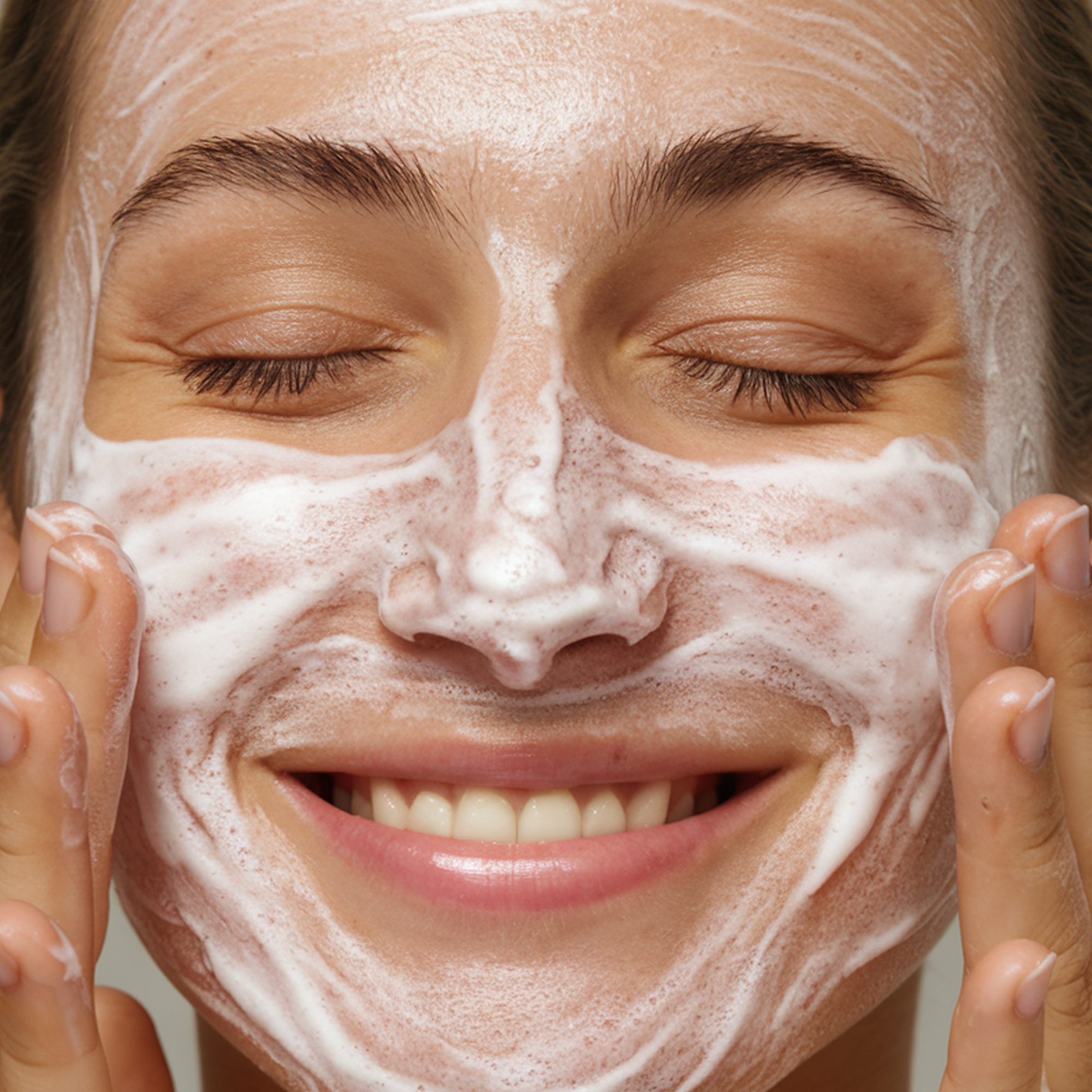 HERLOW milky oil foaming cleanser applied on a woman's face for a refreshing skincare routine
