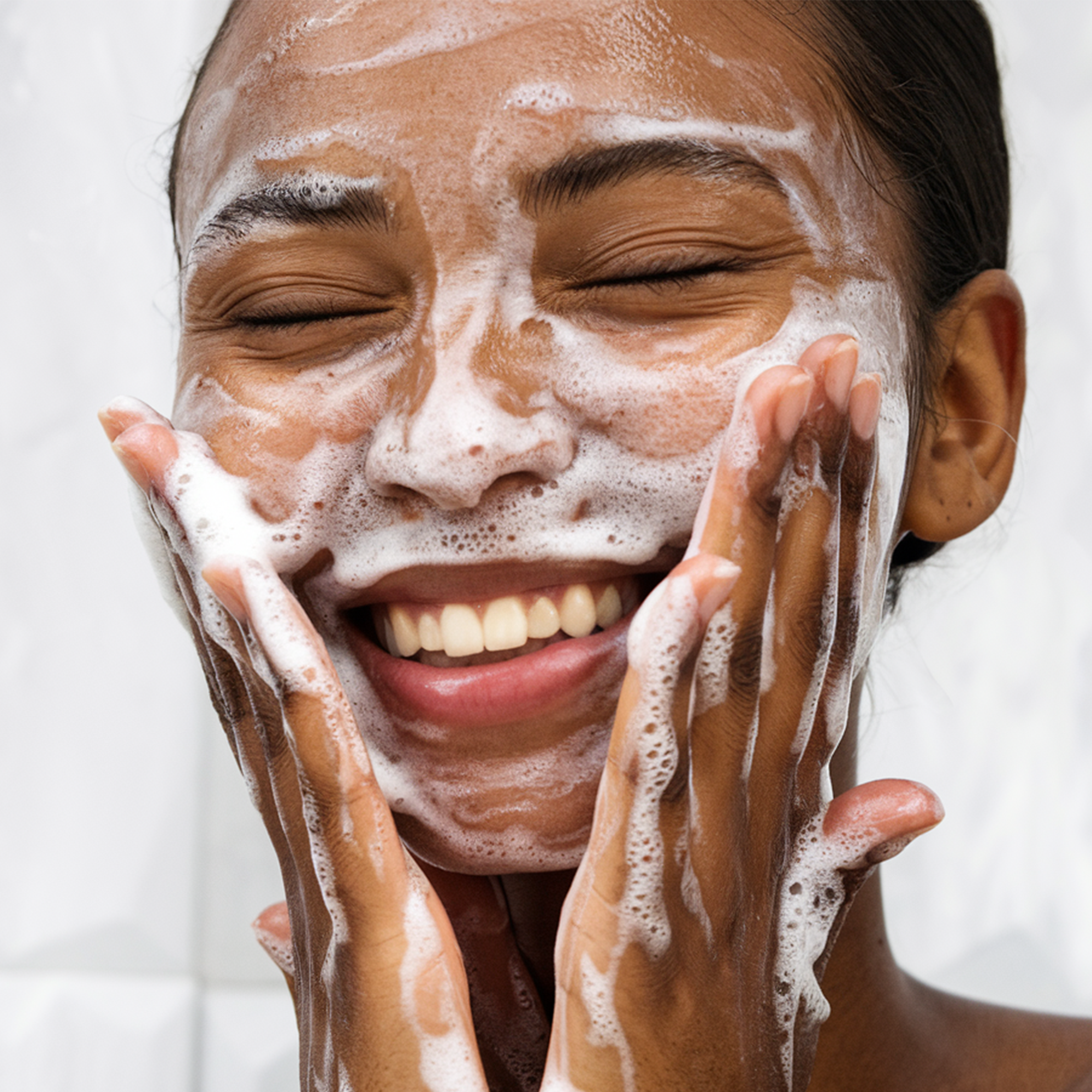 Smiling woman using milky oil foaming cleanser on her face for a refreshing cleanse