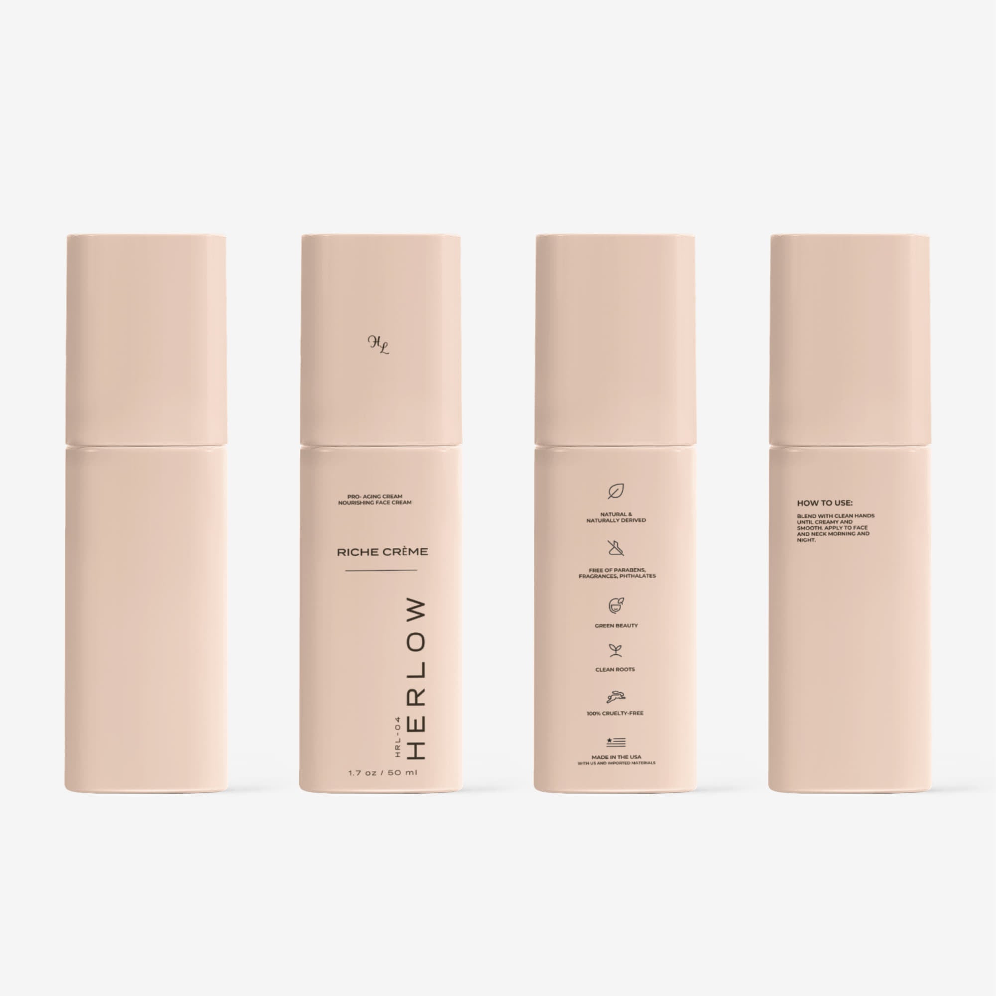 Riche Cream by HERLOW, a pro-aging face cream in a sleek pink bottle with informative labels