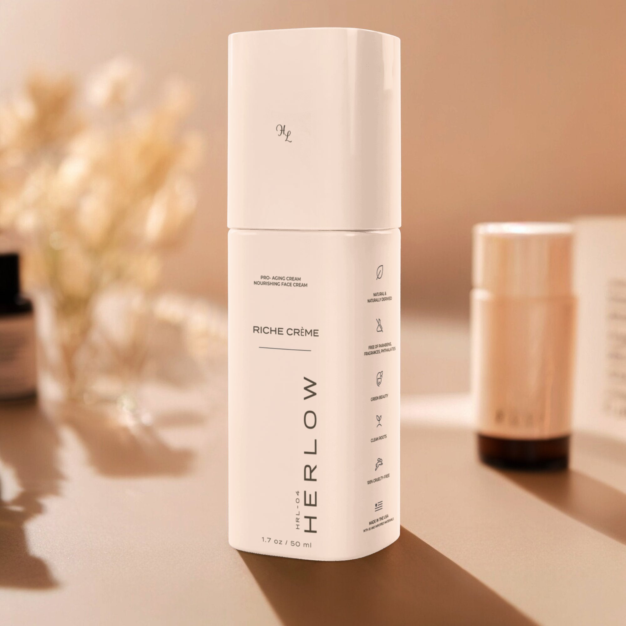 HERLOW Riche Cream pro-aging face cream in elegant packaging for youthful glow