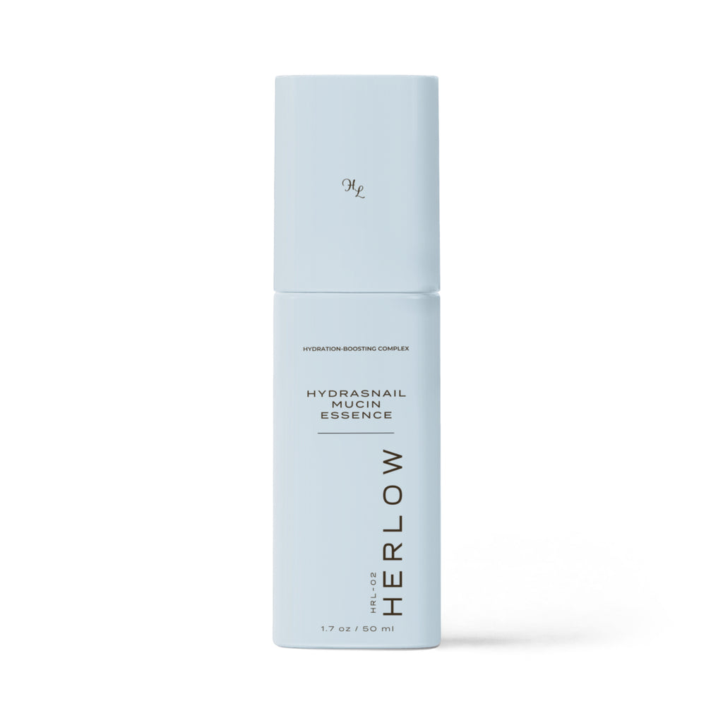 HERLOW Hydrasnail Mucin Essence for Face in light blue bottle for deep hydration and skin rejuvenation