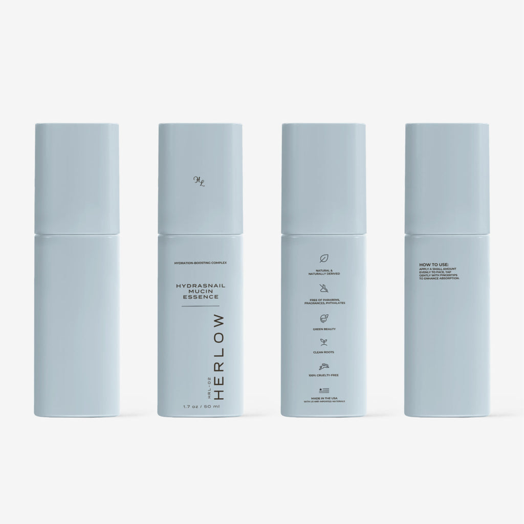 HERLOW Hydrasnail Hyaluronic Essence, a snail mucin essence for face in a sleek blue bottle