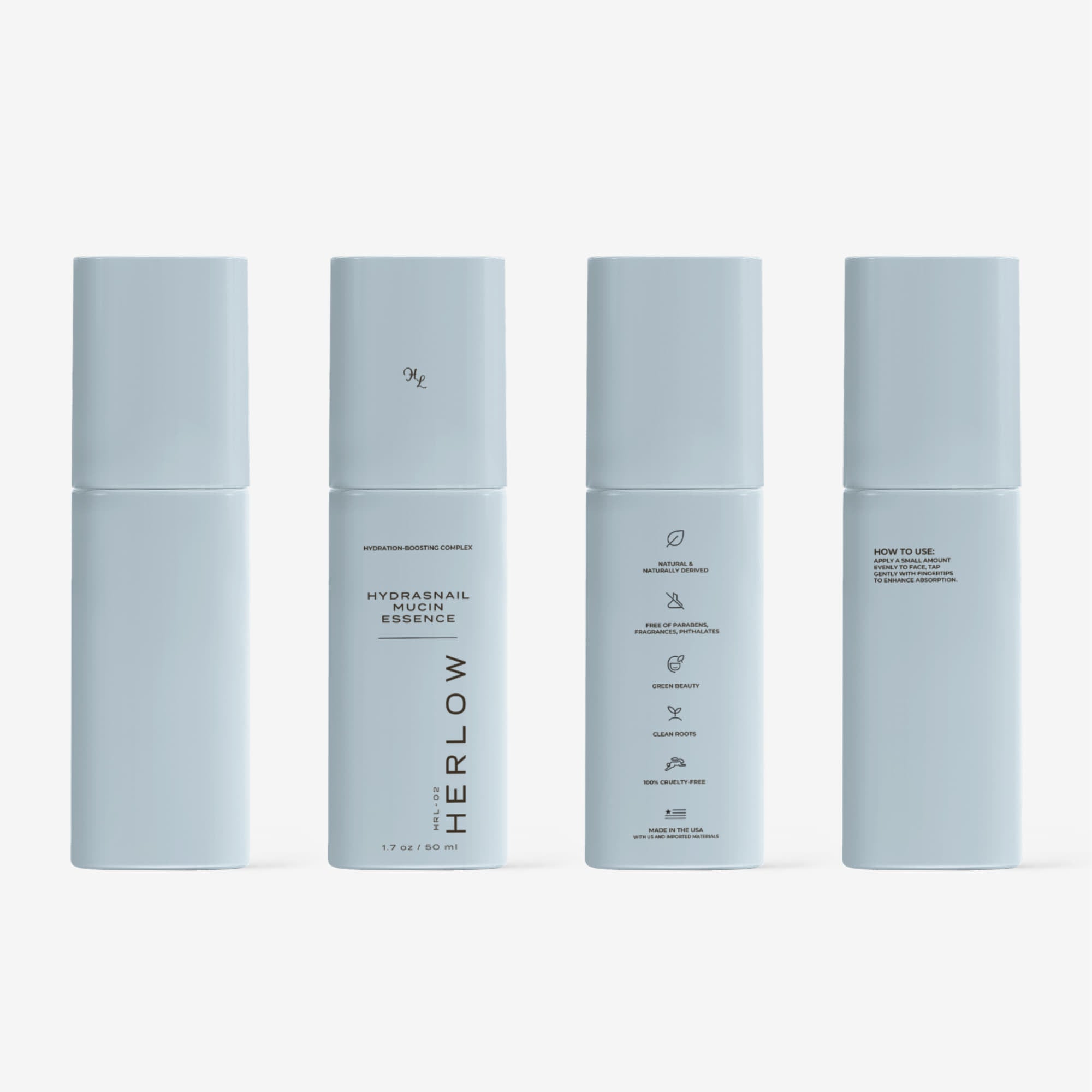 HERLOW Hydrasnail Hyaluronic Essence, a snail mucin essence for face in a sleek blue bottle