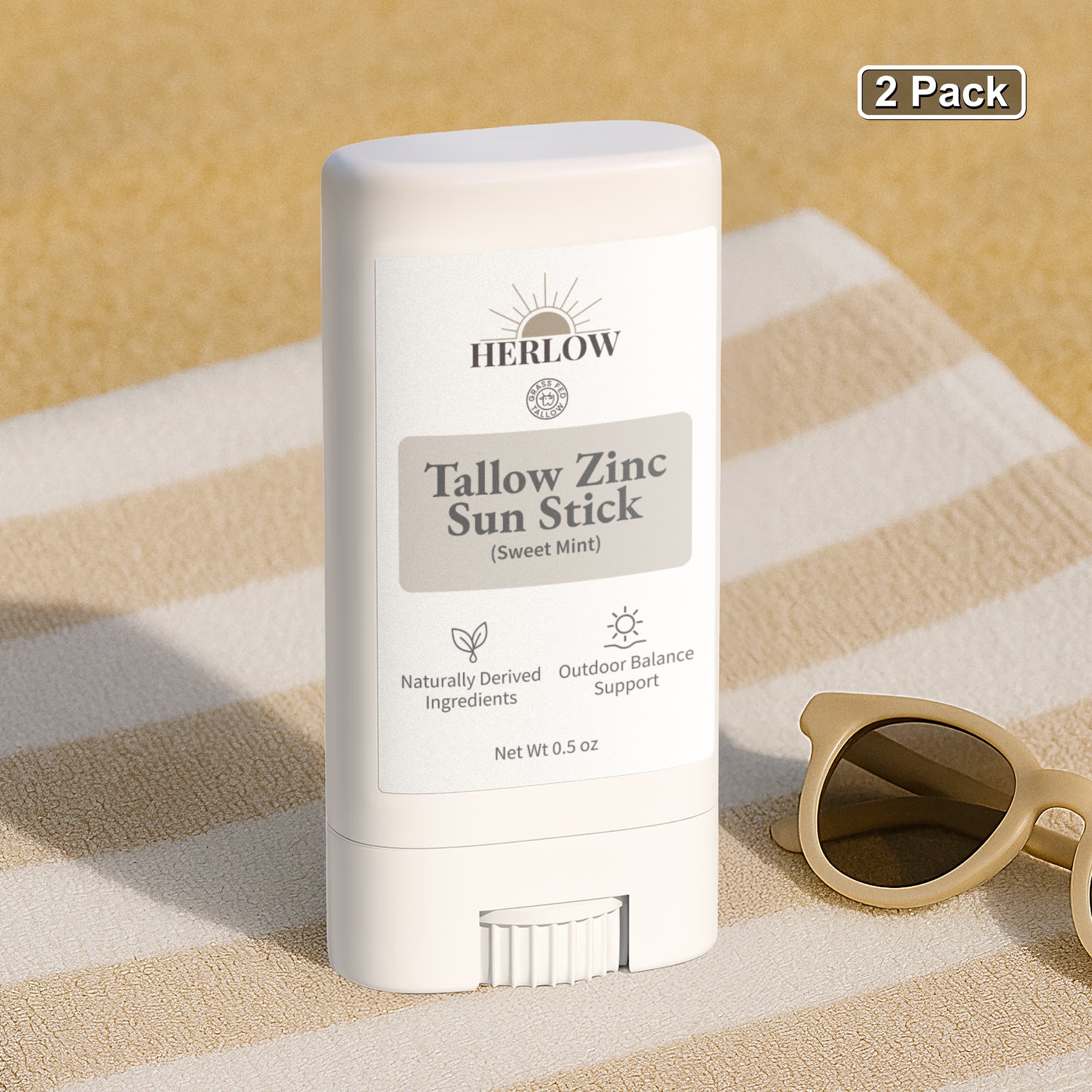 HERLOW Tallow Sun Stick in Sweet Mint, 2 pack, for natural sun protection with zinc